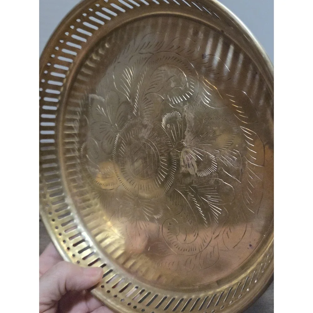 Brass Tray Vintage Etched Floral